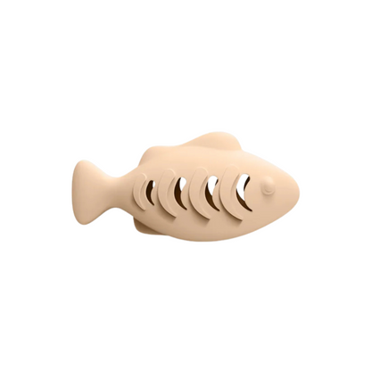 Beige fish-shaped cat toy on a white background