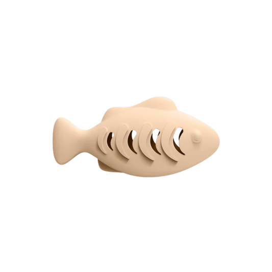 Beige fish-shaped cat toy on a white background
