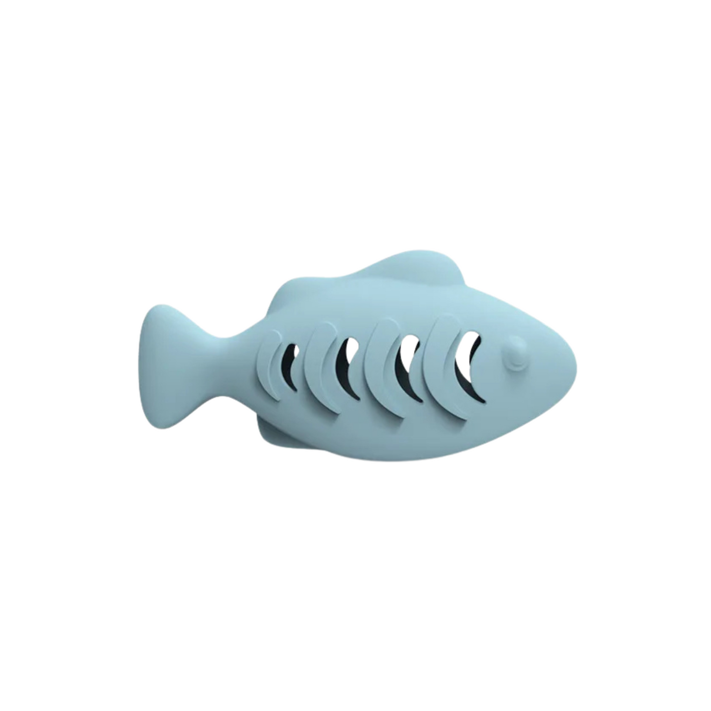 Blue fish-shaped cat toy on a white background