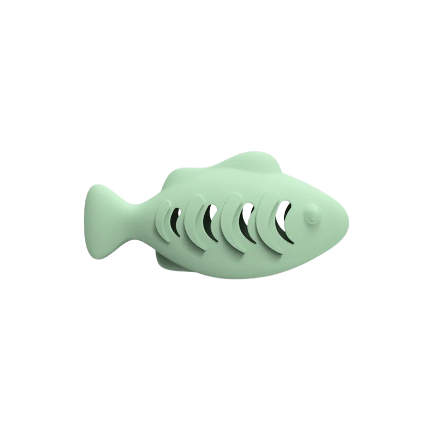 Green fish-shaped cat toy on a white background